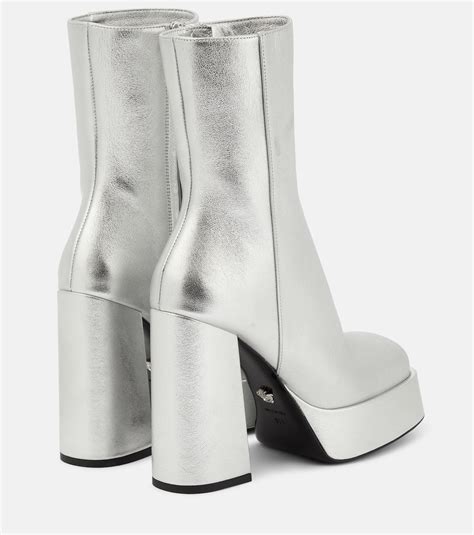 versace metal heel ankle boots|Aevitas metallic leather platform ankle boots in silver.